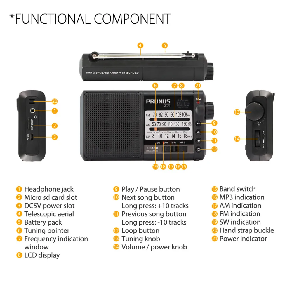 PRUNUS J 01 радио превосходное Приём FM/AM (MW)/SW Micro SD MP3 DSP транзисторы Портативный с 2200 mah