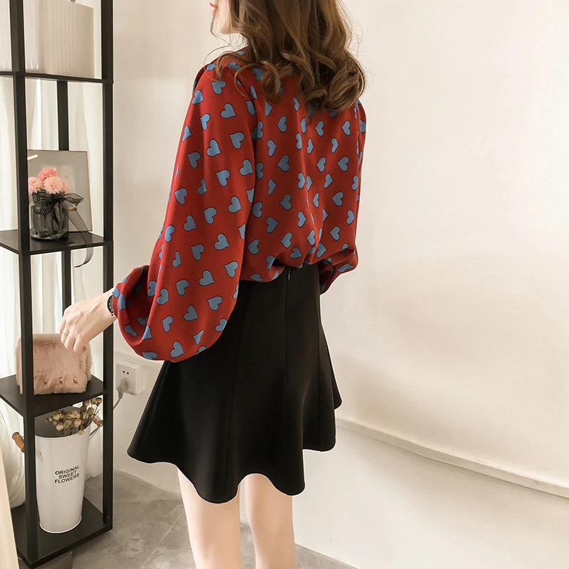2018 Весна Для женщин блузка сладкий свободные печати лук Фонари с длинным рукавом