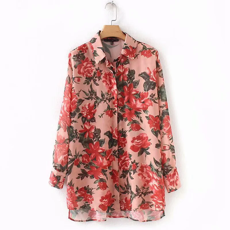 Ladies Chiffon Long Sleeve Blouse Flower Print Turn Down Collar Plus Size Loose Women Autumn Tops ZA8958 |