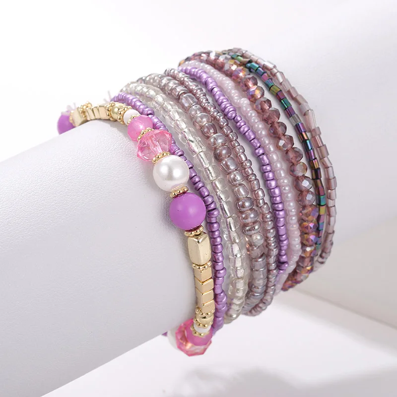 10 pcs/lot Boho Multi layer Imitation Pearl Crystal Glass Beaded Elastic Bracelets Bangles Set for Women Wedding Party Gifts|Браслеты с