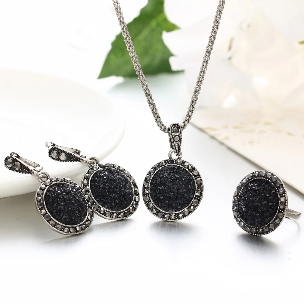 Vintage Crystal Wedding Engagement Jewelry Sets for Women Rhinestone Round Necklaces Pendants Drop Earrings Ring Set | Украшения и