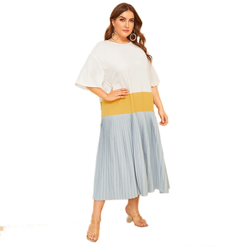 SHEIN, разноцветное плиссированное платье с открытыми плечами размера плюс,, женское летнее Повседневное платье-туника с рукавом до локтя