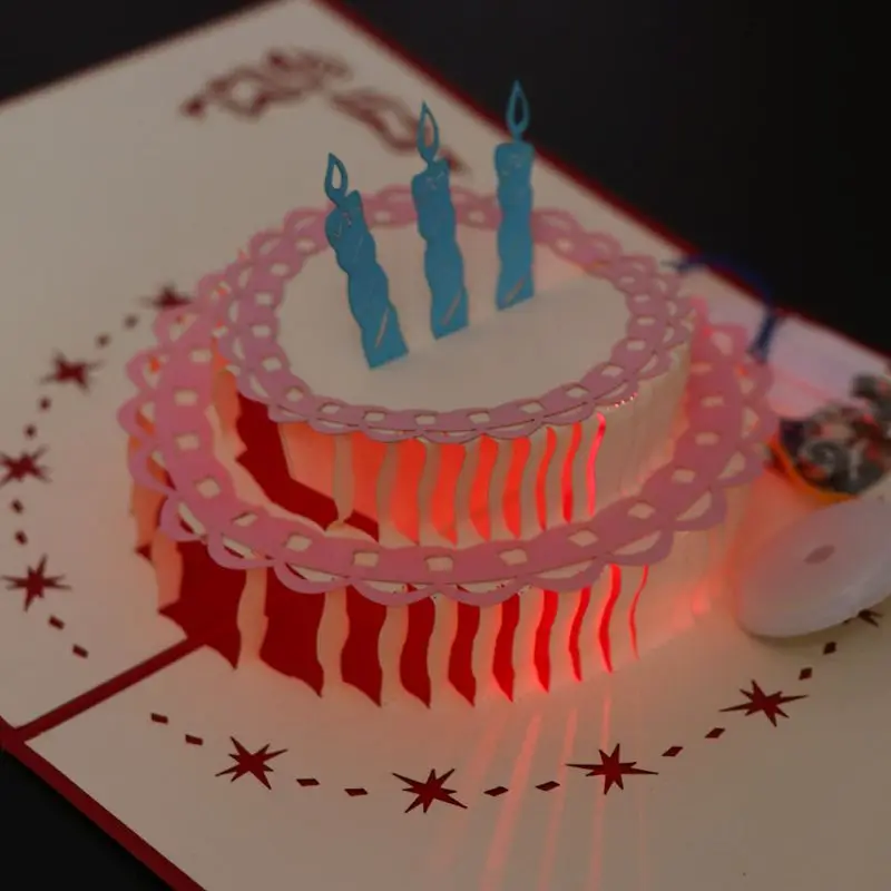3D всплывающая открытка с днем рождения торт Музыка светодиодная