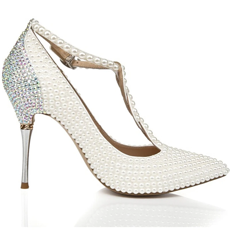 С Т образным ремешком Свадебные туфли цвета слоновой кости с Стразы острым