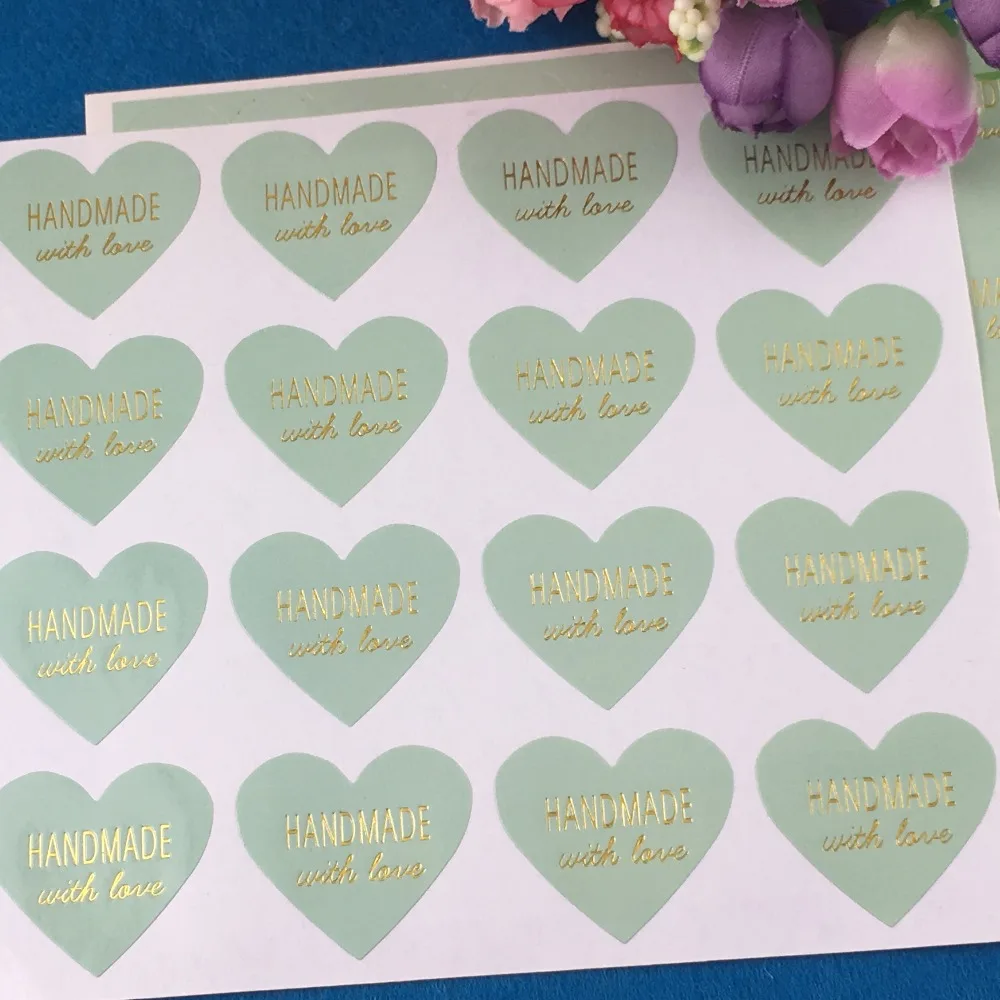 2000Pcs Mint Green Heart Shape Hot Stamping Sticker Labels Printed With Handmade Love and Thank You Self Adhesive Stickers | Канцтовары