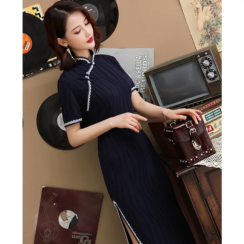 Хлопок Лен короткий рукав китайский Женский Cheongsam сексуальное Элегантное Длинное Платье Лето тонкий Qipao Мандарин Воротник Vestidos