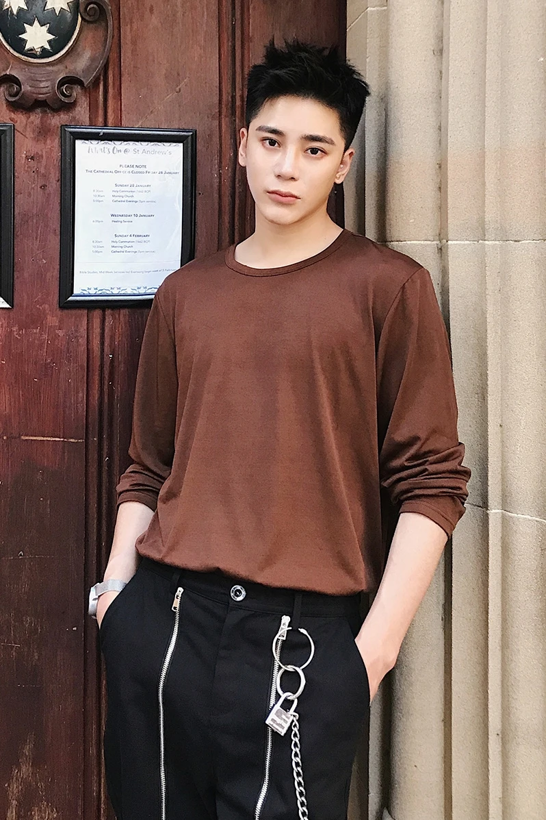 

M-XL! New style long sleeve T - shirt men's trim round neck Korean version of the trend of solid color base shirt