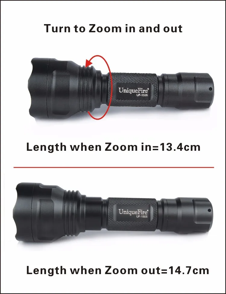 UniqueFire 1505 черный Фокус Zoom Факел зеленый/красный/белый свет походный фонарик, езда или охота поиск света 3 режима