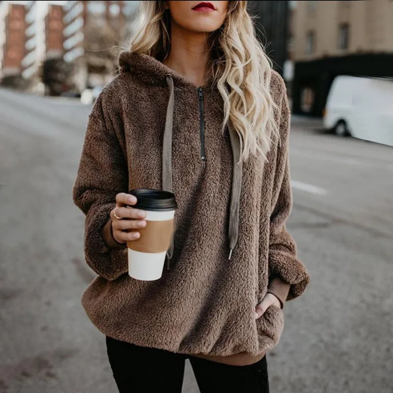 

HOT 2020 autumn winter Casual thermal women's clothing woolen sweater hot style Europe hooded loose pure color fleece hoodies