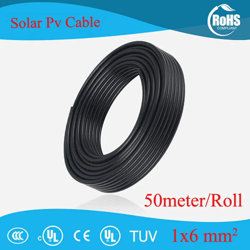 50 Meters/Roll PV Cable 6mm2 (10AWG) Solar Cable Red or Black Pv Cable Wire Copper Conductor XLPE Jacket TUV Certifiction