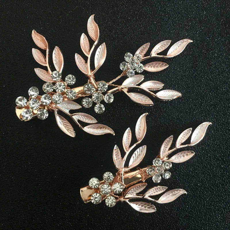 

SLBRIDAL Alloy Rose Gold Austrian Crystals Rhinestones Flower Leaf Wedding Hair Clip Barrettes Bridal Headpiece Hair accessories