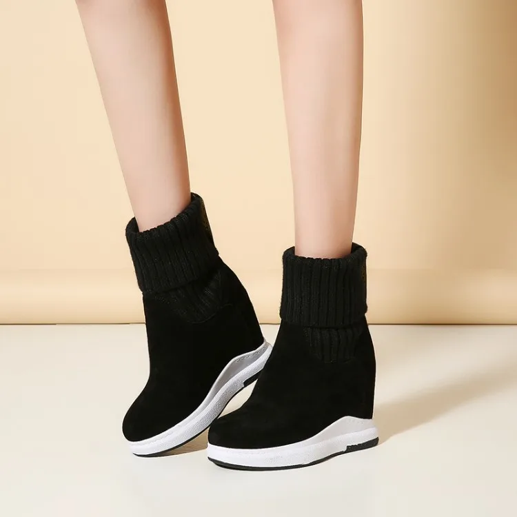 

MLJUESE 2019 women Mid calf boots Cow Suede Knitting slip on wool fur warm winter platform wedges short plush women snow boots