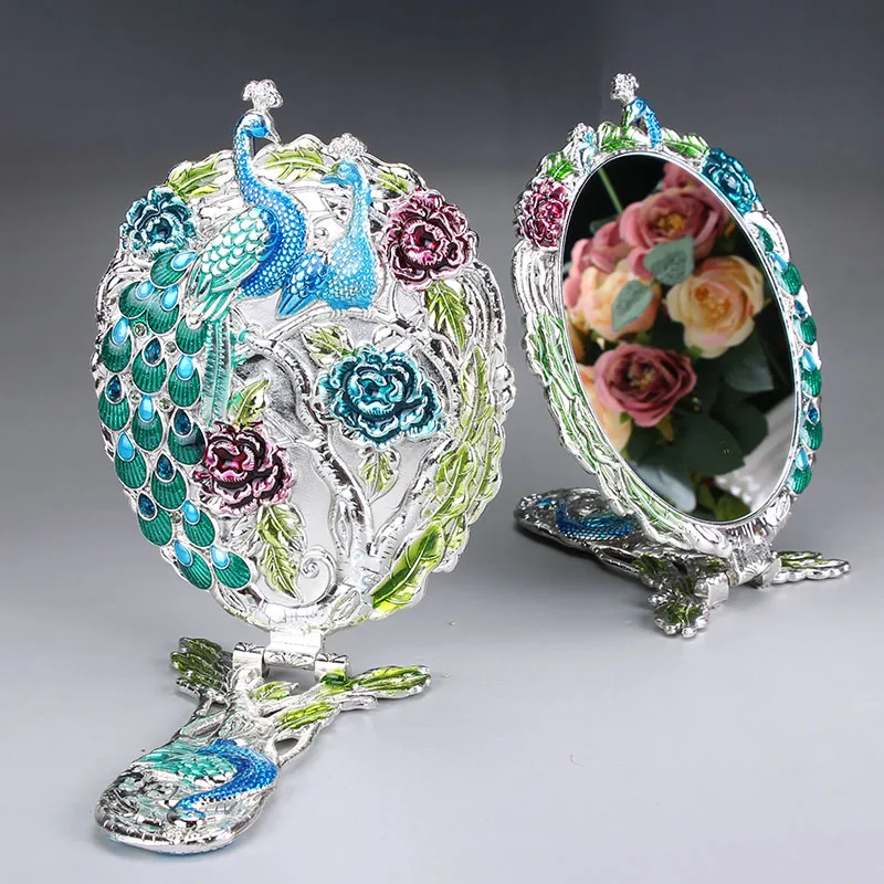 Оригинальное зеркало из олова и меди в стиле ретро с русским павлином настольное