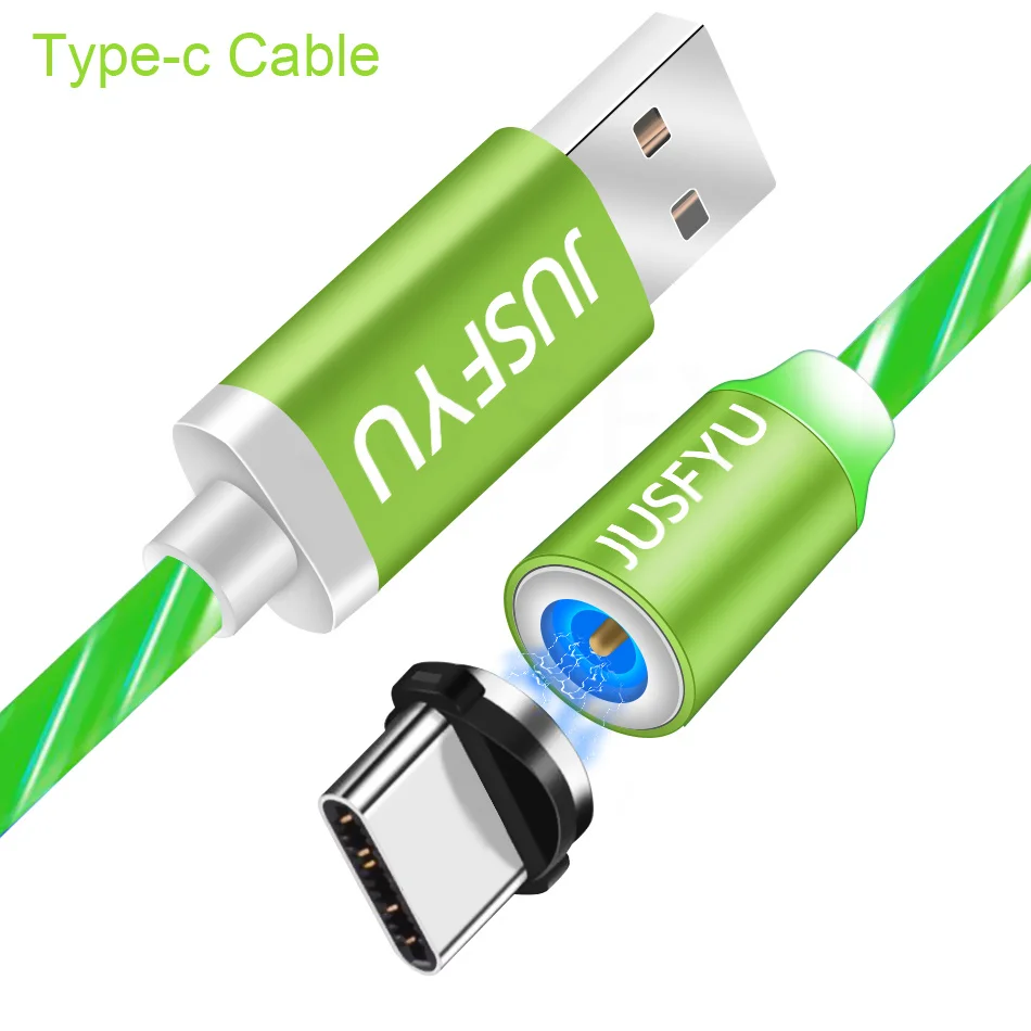 Green for Type C Течёт светящийся Магнитный кабель Micro usb type C адаптер для зарядки телефона Micro usb type-C Магнитный зарядный кабель для iphone samsung - Цвет: Green for Type C