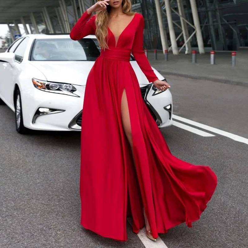 Женское платье с глубоким вырезом женское однотонное v образным и длинным