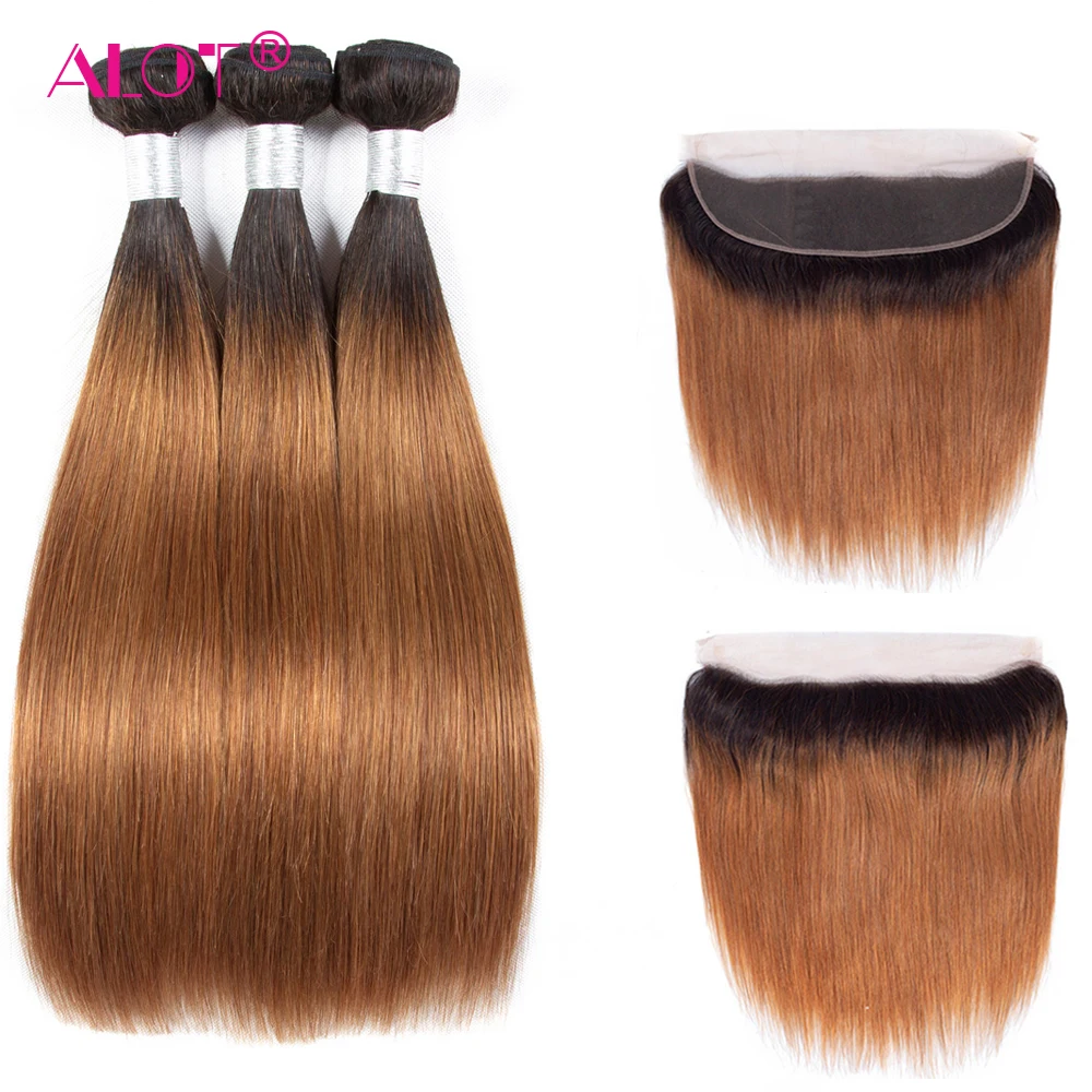 

ALot Straight Brazilian 1B/30 Honey Blonde Ombre Pre Colored Human Hair Bundles With Frontal Non Remy Dark Root Hair Weaving