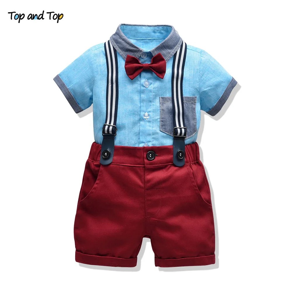 Top and Summer Infant Boy Clothes Set Short Sleeve Shirt with Bow Tie+Overalls 2Pcs Casual Suit Baby Party Outfit |