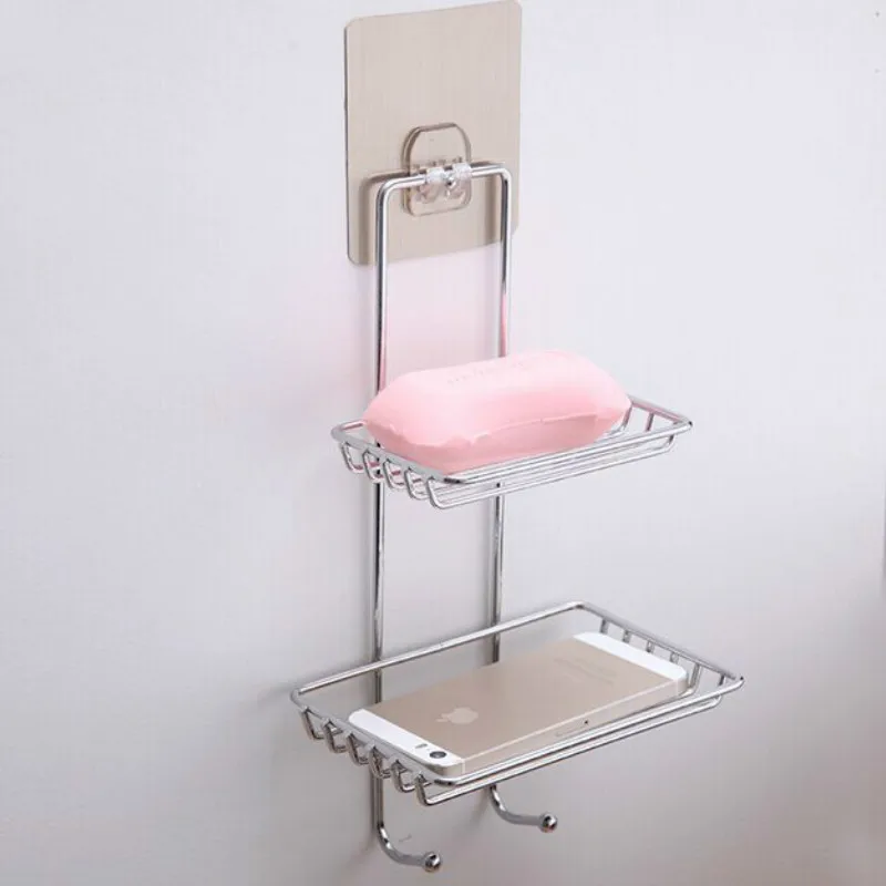Bathroom stainless steel double soap dish creative free punching no trace rack bathroom soap rack drain soap box WF621928