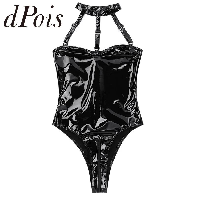 

Women Wet Look Patent Leather Sexy Lingerie Night Clubwear Halter Neck Sleeveless Strappy Bust Bodysuit Summer Womens One Piece