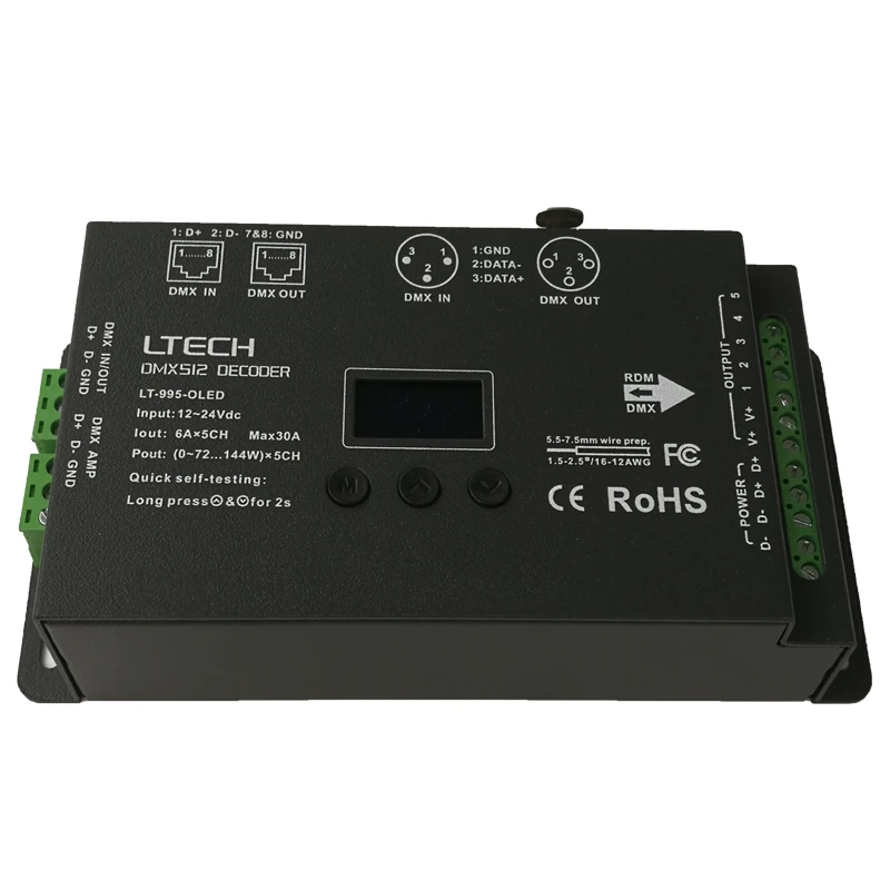 Светодиодный контроллер dmx декодера; DC12-24V вход; 6A* 5CH Max 30A выход RGB/RGBW XLR-3/RJ45 16 бит 65536 уровня