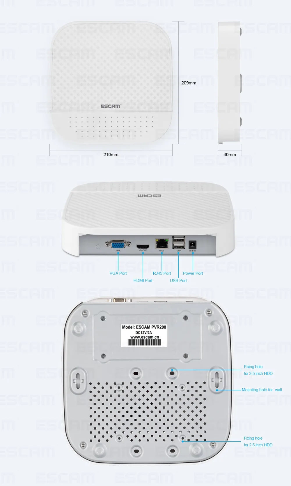 ESCAM цифровой видеорегистратор 8+ 2CH ONVIF NVR с 2ch облачный канал PVR208 1080P для ip-камеры