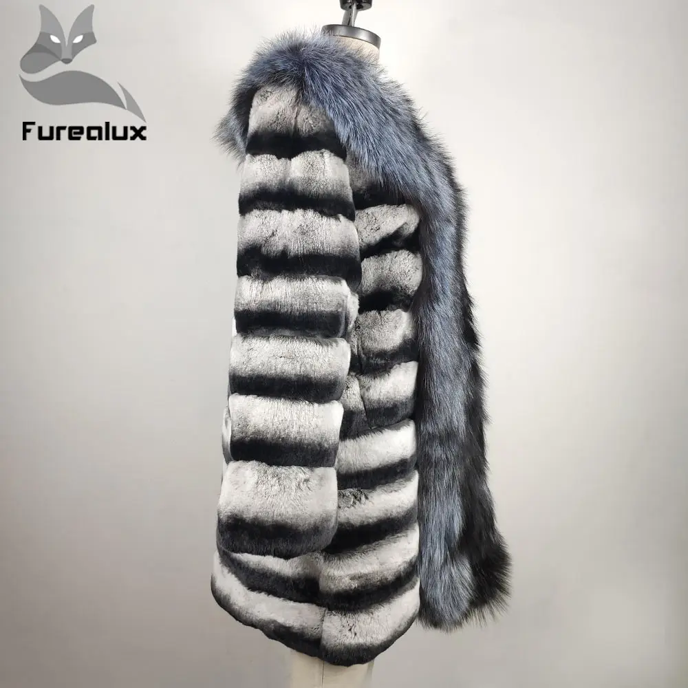 Furealux настоящая Шиншилла Шуба из кролика Рекс с большим серебристым лисьим воротником зимняя для женщин натуральный мех куртки