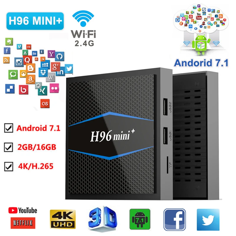 H96 Мини плюс Android 7 1 Smart tv Box Amlogic S905W четырехъядерный 2 Гб 16 4 г WiFi HD K телеприставка