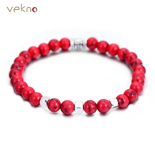 red VEKNO 6 мм Многоцветный эластичный натуральный камень лавы бисер мужской браслет унисекс ювелирные изделия новая мода Йога подарок стрейч браслеты - Окраска металла: red