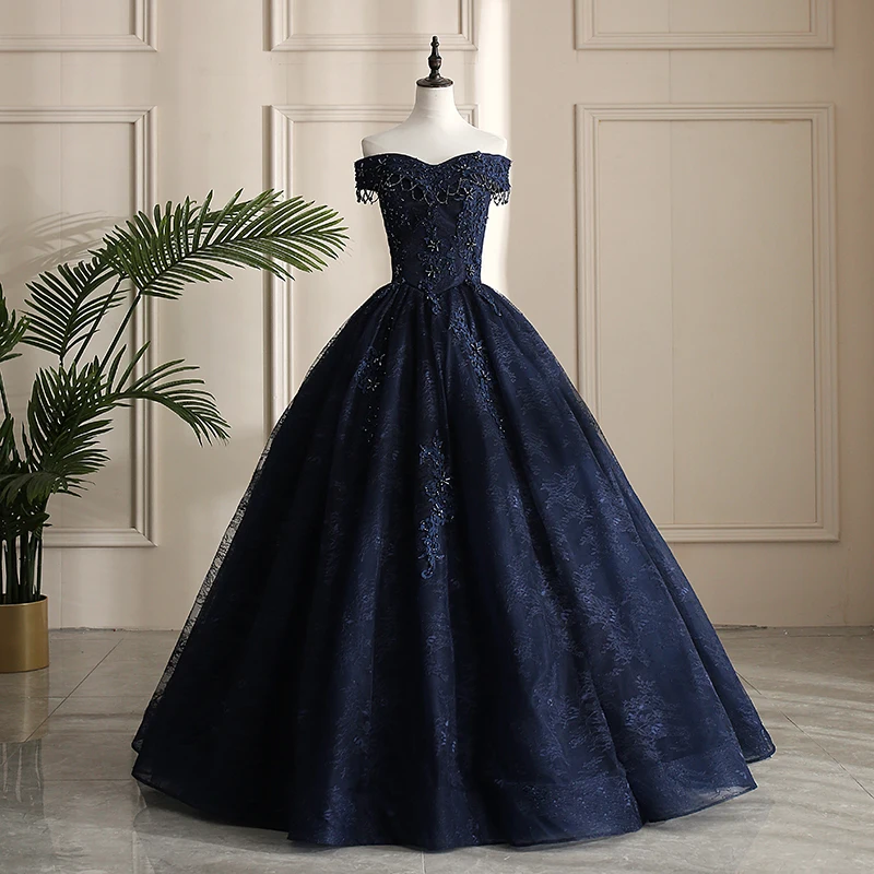 

Navy Blue Lace Appliques Beaded Crystal Sweet 16 Quinceanera Dresses Off The Shoulder Quinceanera Dress Vestidos De 15 Anos