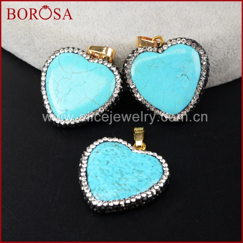 

BOROSA Heart Pendant Blue Howlite Greenish Sky Blue Stone Vintage Pendant Beads for Necklace Rhinestone Paved JAB596