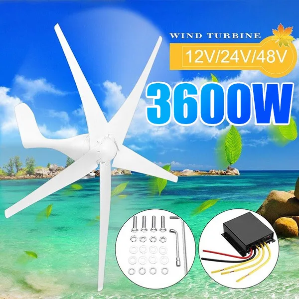 3600W Wind Power Turbines Generator 12/24/48V 3/5 Wind Blades Option With Waterproof Charge Controller Fit for Home Or Camping