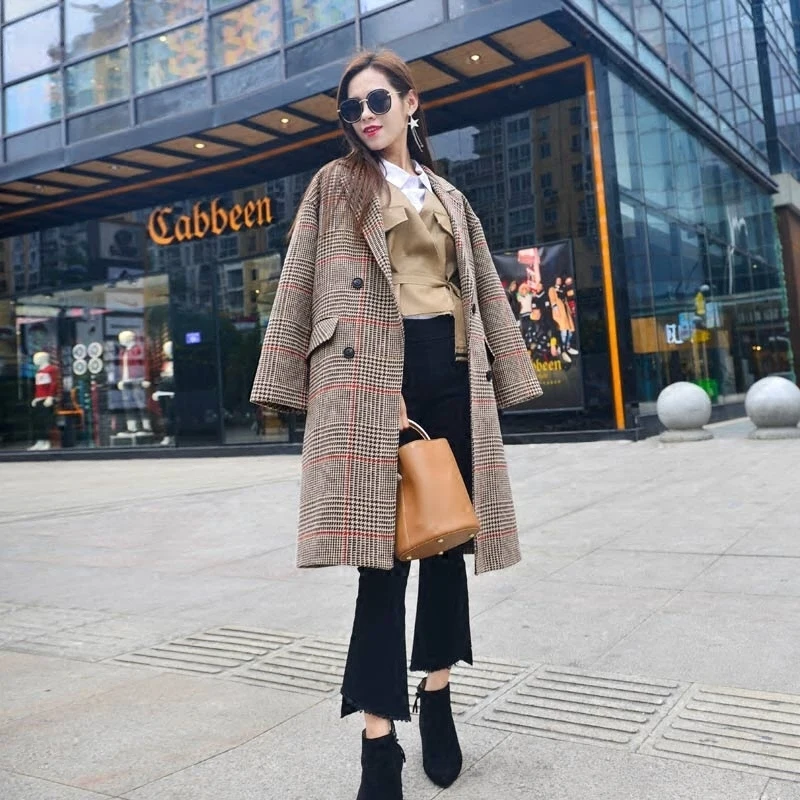 Женский клетчатый Тренч Винтажный Длинный Шерстяной для офиса одежда оверсайз