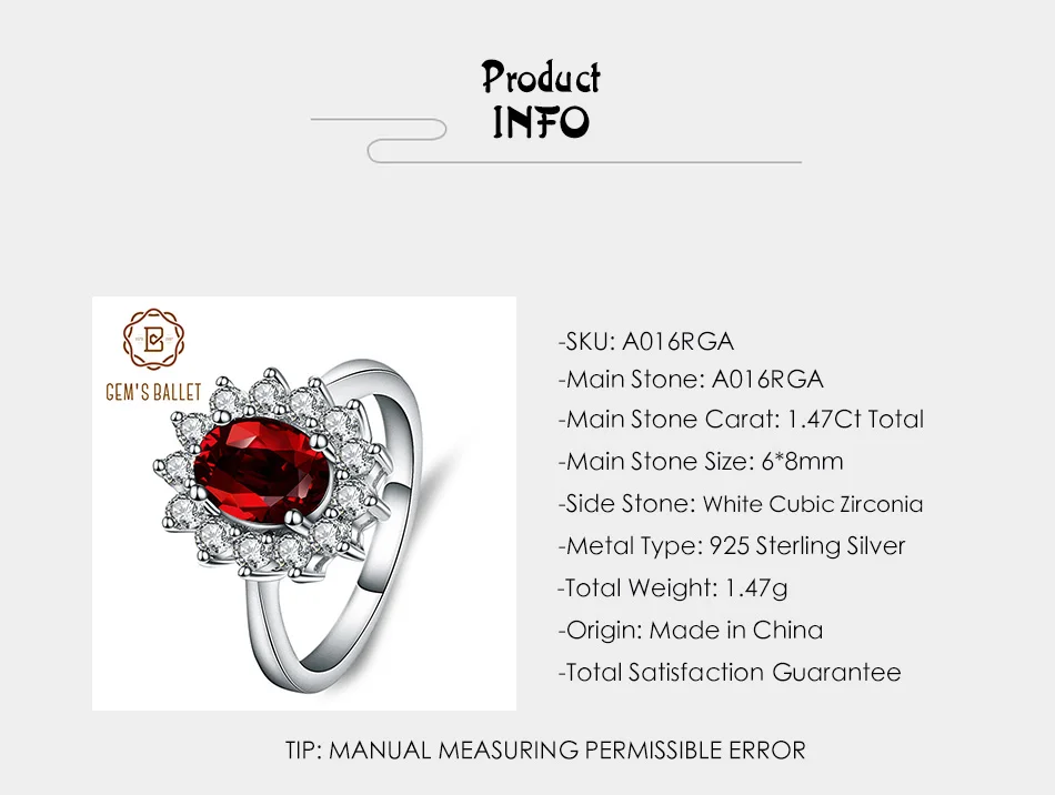 Gem's Ballet Kate Princess Diana 1.47Ct натуральный гранат, нимб обручальное кольцо, настоящее чистое 925 пробы Серебряное ювелирное изделие для женщин