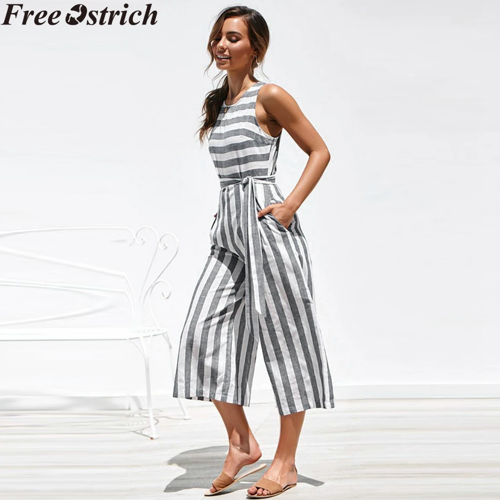 Women Summer Striped Wide Legs Jumpsuit Business Long Sleeveless High Waist Plus Size bodysuit Ladies V-neck Soft Casual Rompers | Женская