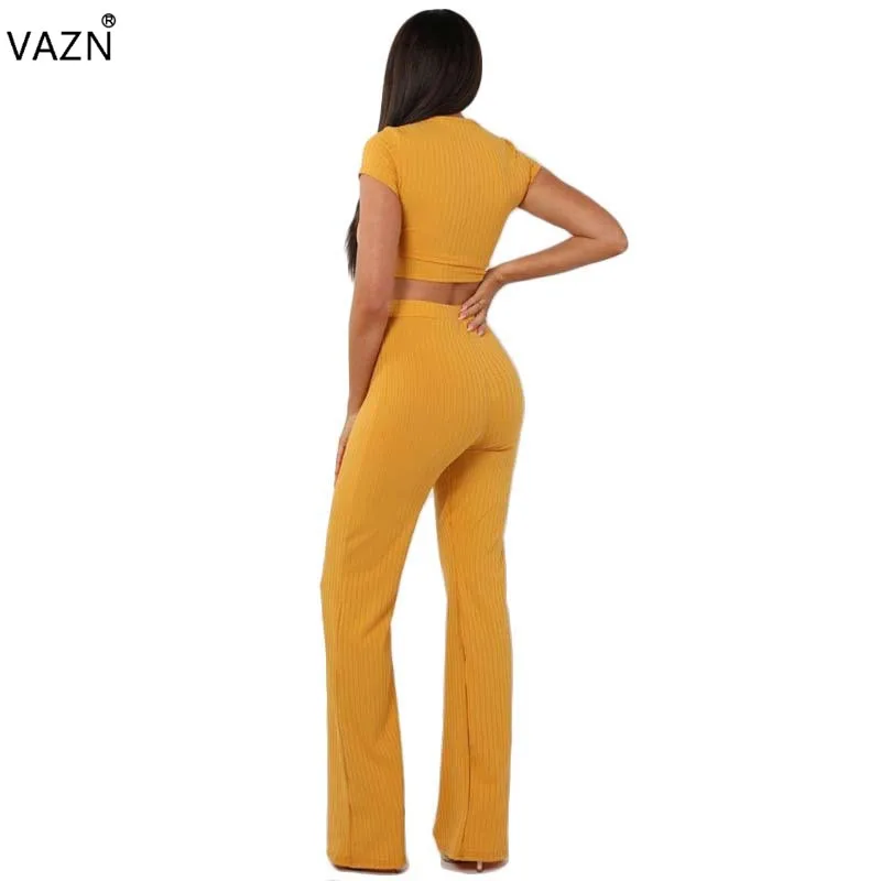 VAZN 2019 Hot Elegant Fashion Ladies Sexy 2 Piece Set Solid O-Neck Short Sleeve Full Length Lady Hollow Out Knit TJM9298 | Женская