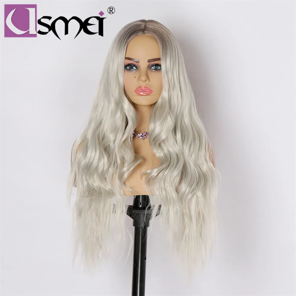 

USMEI Long wavy wig Synthetic hair wigs for women Heat Resistant Ombre brown Root Gray white hair high density wig cosplay hair