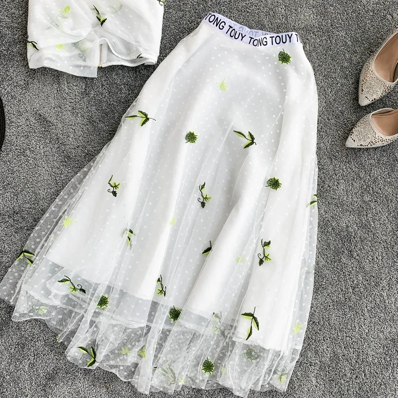 Женский сетчатый жилет с цветочной вышивкой комплект из двух предметов 2019 |