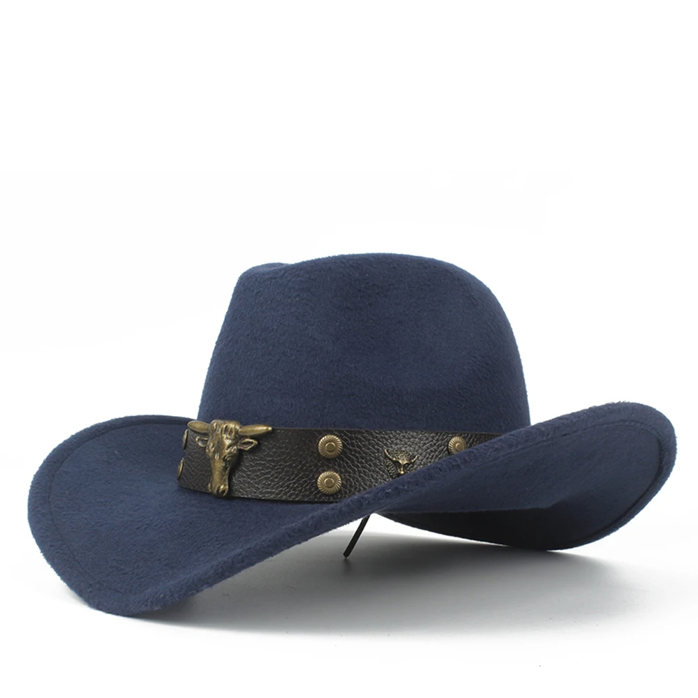 Dark Blue Крутая Детская шерстяная открытая западная ковбойская шляпа с откатными полями для мальчиков и девочек, Outblack Sombrero Hombre, джаз шляпа, размер 52-54 - Цвет: Dark Blue