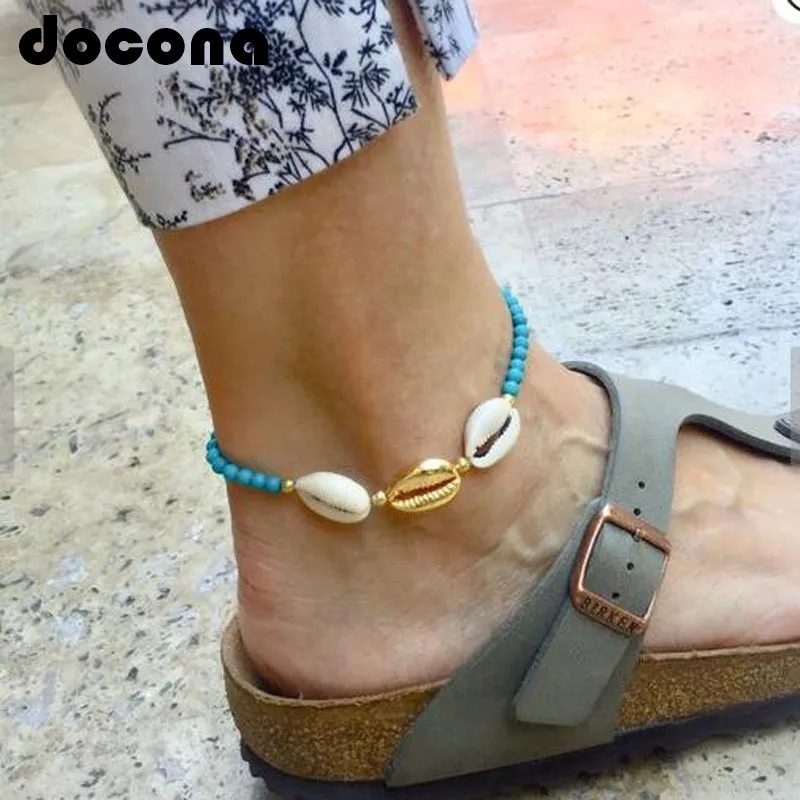 Docona Золотой корпус зеленый Бисерный кулон ножные браслеты для женщин девушек Boho