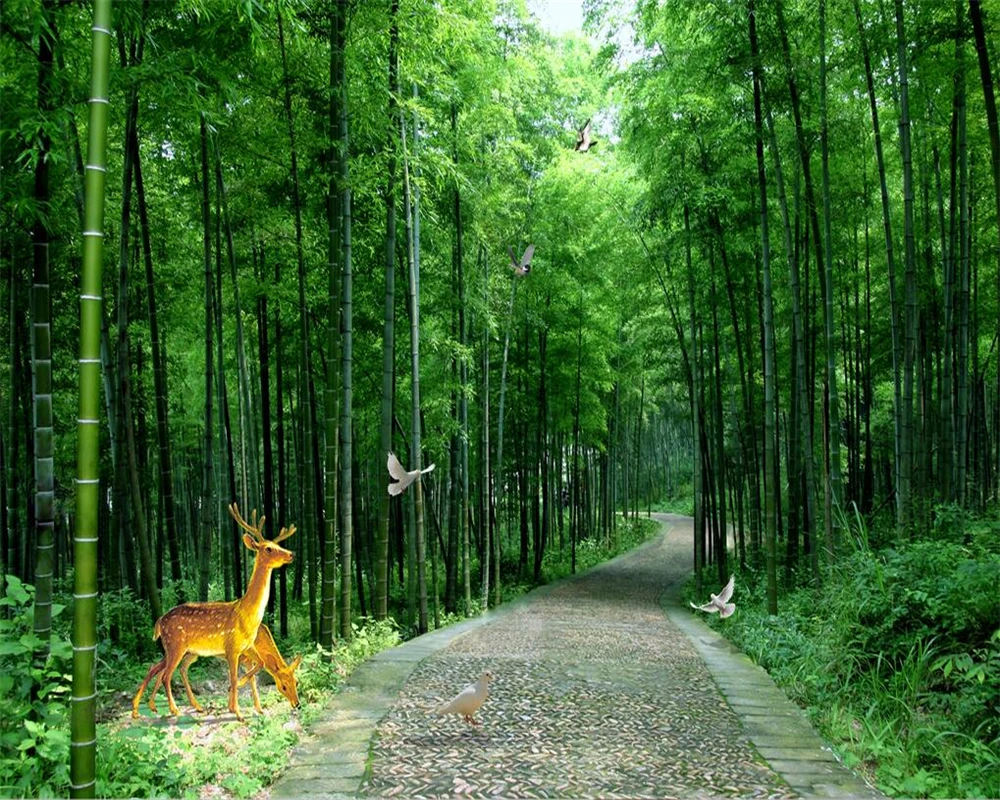 

Росписи 3D обои природный пейзаж солнце бамбук лес олень голубь диван тв украшение стены обои для стен 3 d