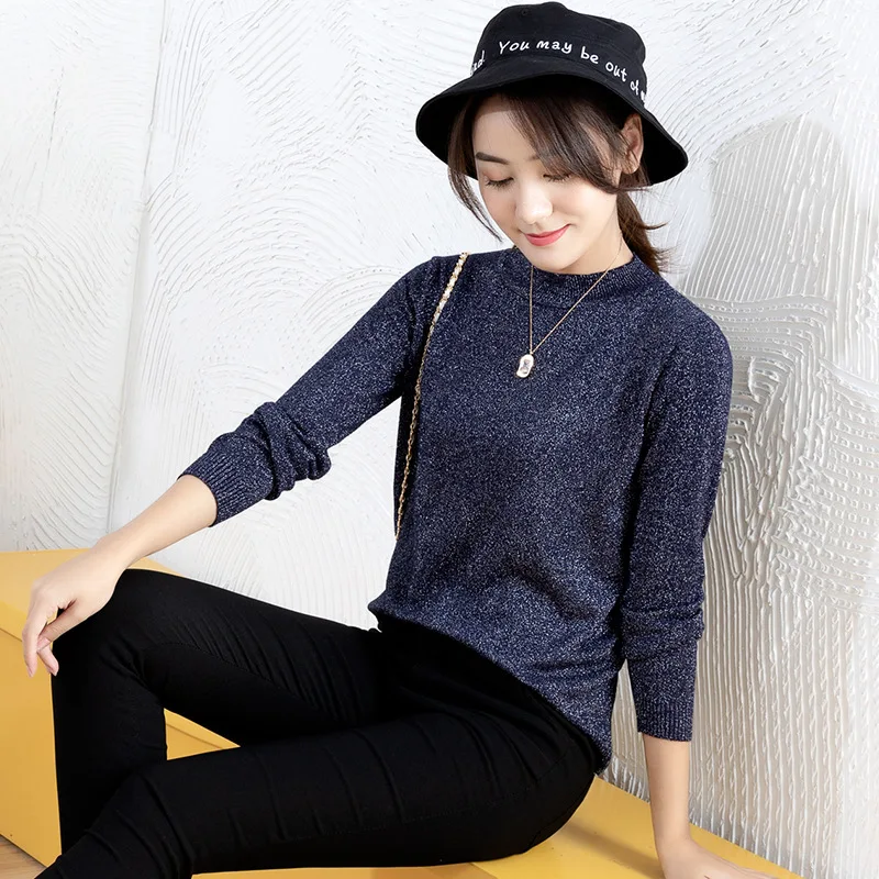 Women pullovers shiny sweater knitted long sleeve tricot autumn warm knit tops glitter jumper Plus Size winter basic top | Женская