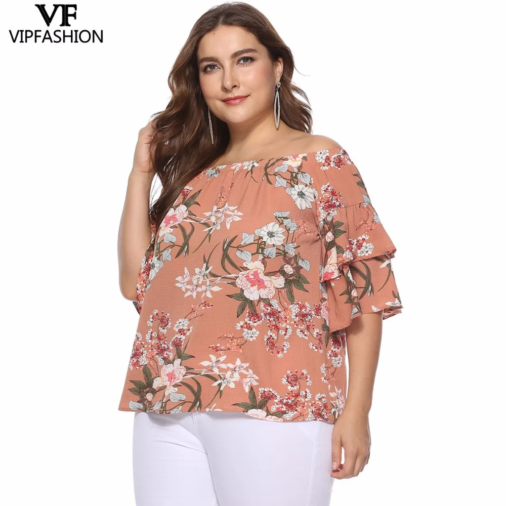 VIP FASHION 2019 New Arrivals Plus Size Sexy Ladies Printed Slash Neck Casual Shirt Half SLeeve Chiffon Women's Summer |
