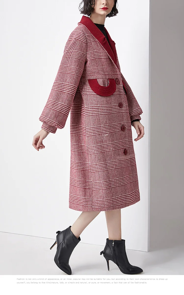 Женское однобортное шерстяное пальто красное теплое длинное в клетку