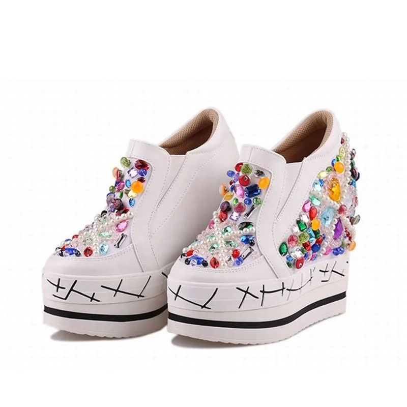 Новый 2017 Женщины Клин Туфли На Платформе Для Натуральной кожи Горный Хрусталь