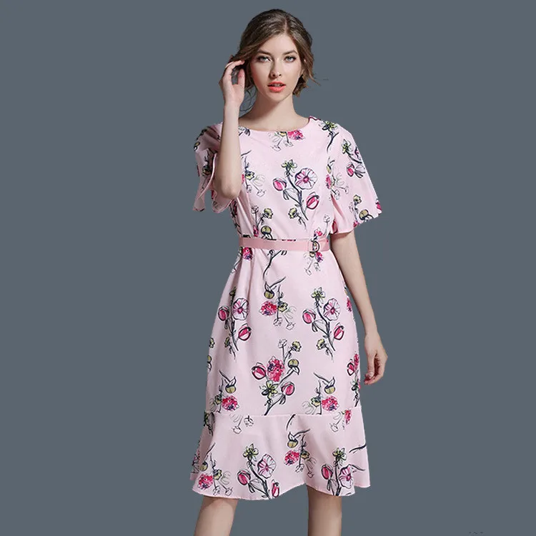 Цветочный принт летнее платье Для женщин 2018 Винтаж шифоновое женский розовый