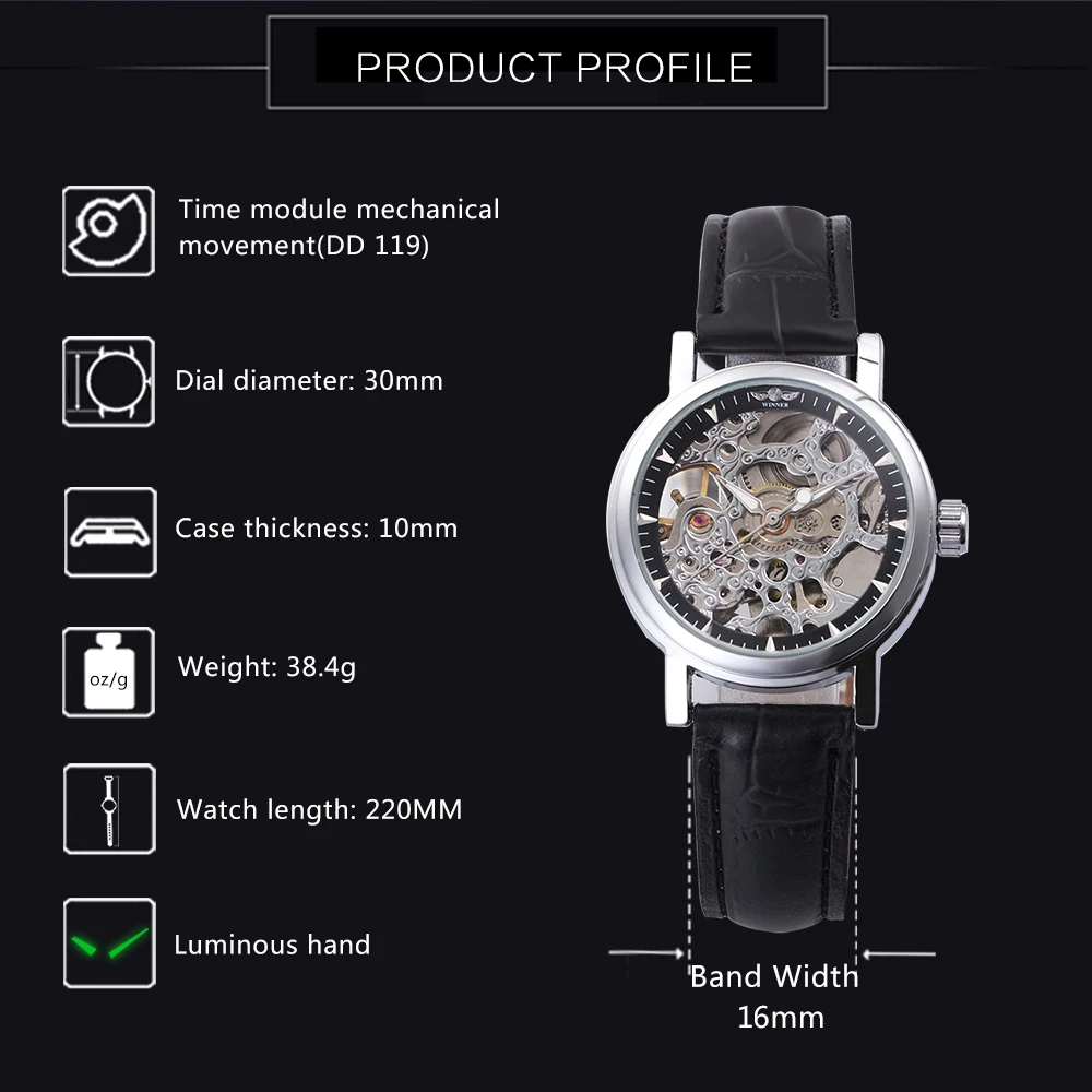 WINNER роскошное платье для женщин механические часы черный кожаный ремешок синие