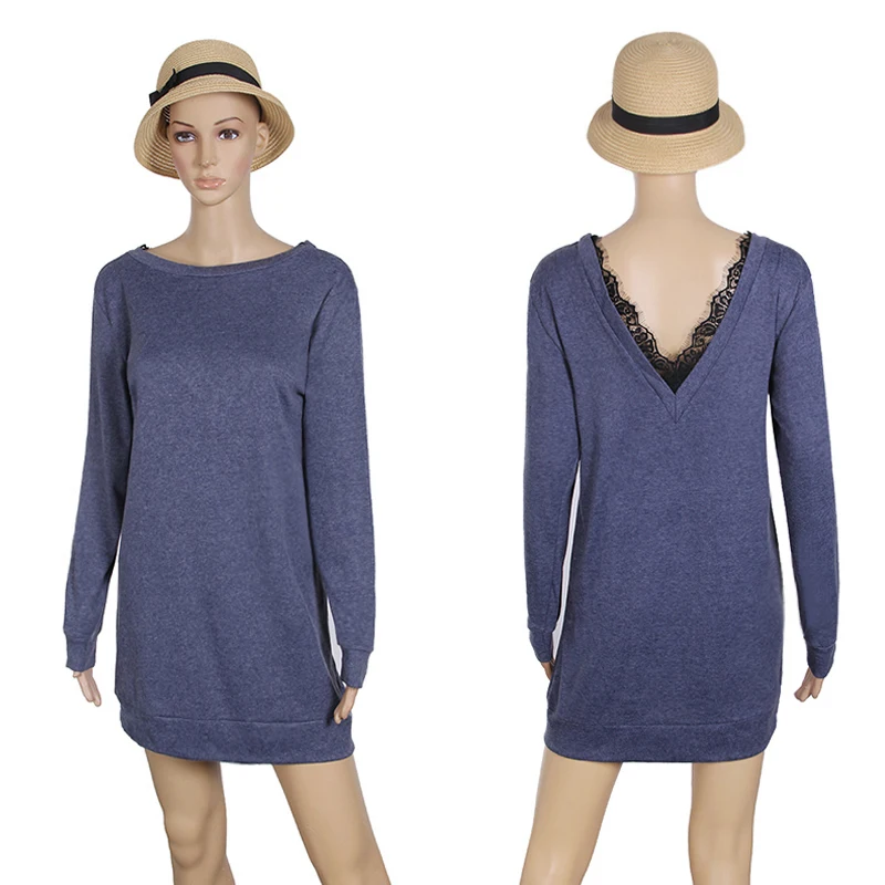 

Autumn Winter Women Short Dresses Casual O-Neck Long Sleeve Dress Sexy Back V Neck Lace Patchwork Vestidos WS4550C