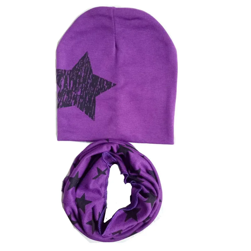 purple big star set Коллекция года, осенне-зимний детский комплект с шапкой со звездой и смайликом, детский головной убор на весну, теплые детские вязаные шапки с воротником, комплекты хлопковая детская шапка и шарф - Цвет: purple big star set