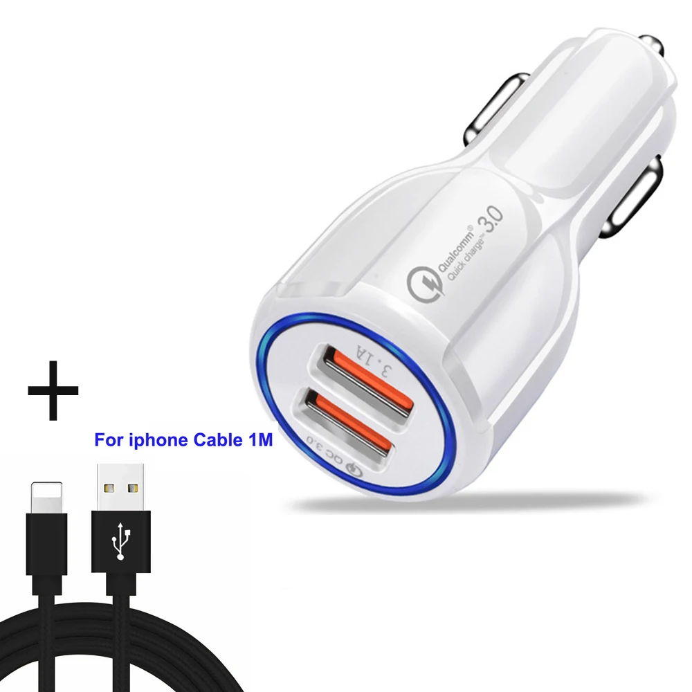 Add iphone cable QC3.0 автомобильное зарядное устройство 6A быстрое зарядное устройство для мобильного телефона зарядное устройство 2 порта USB Быстрая зарядка для iPhone samsung Xiaomi планшет автомобильное зарядное устройство - Тип штекера: Add iphone cable