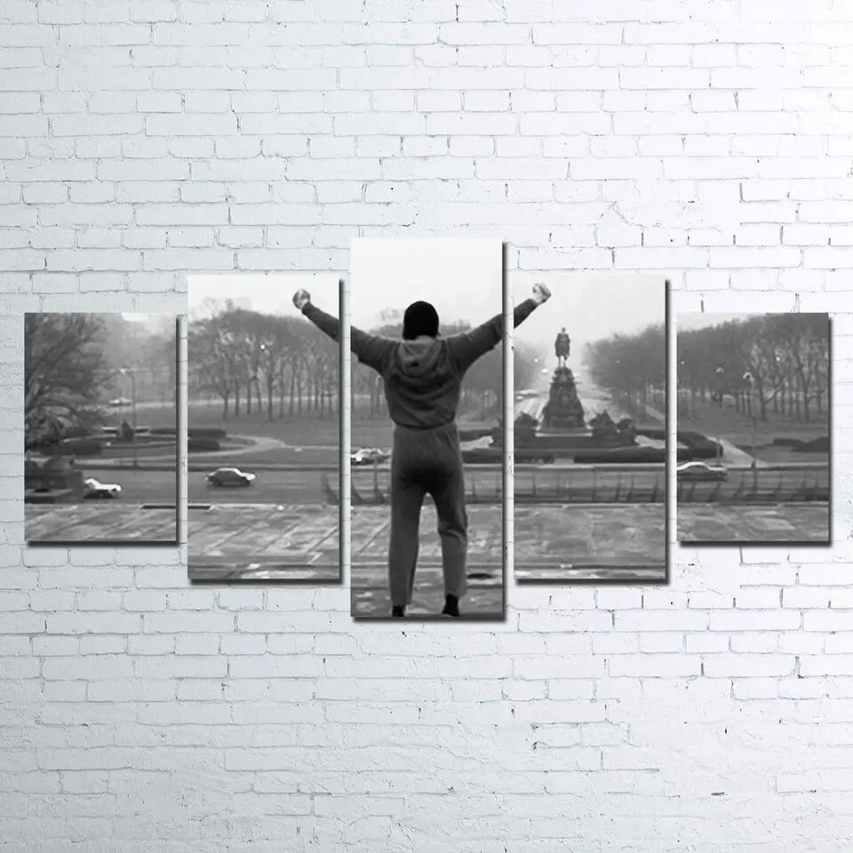 Home Decor Canvas HD Prints Pictures 5 Pieces Rocky Paintings Retro Movie Black And White Poster Modular Room Wall Art Framework Дом и сад